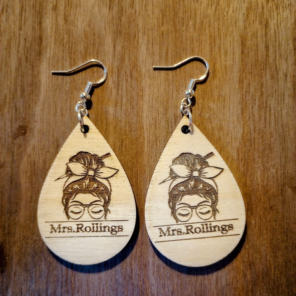 Personalizable Messy hair teacher earrings